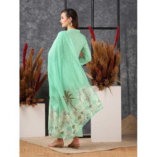 ANNI DESIGNER Women's Cotton Blend Straight Printed Kurta with Pant & Dupatta (Gosala See Green-NW_S_See Green_Small)