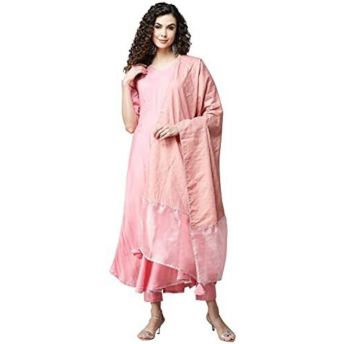 ANNI DESIGNER Women's Rayon Solid Kurta with Trouser & Dupatta(ROOPA_Pink_XL_Pink_XLarge)