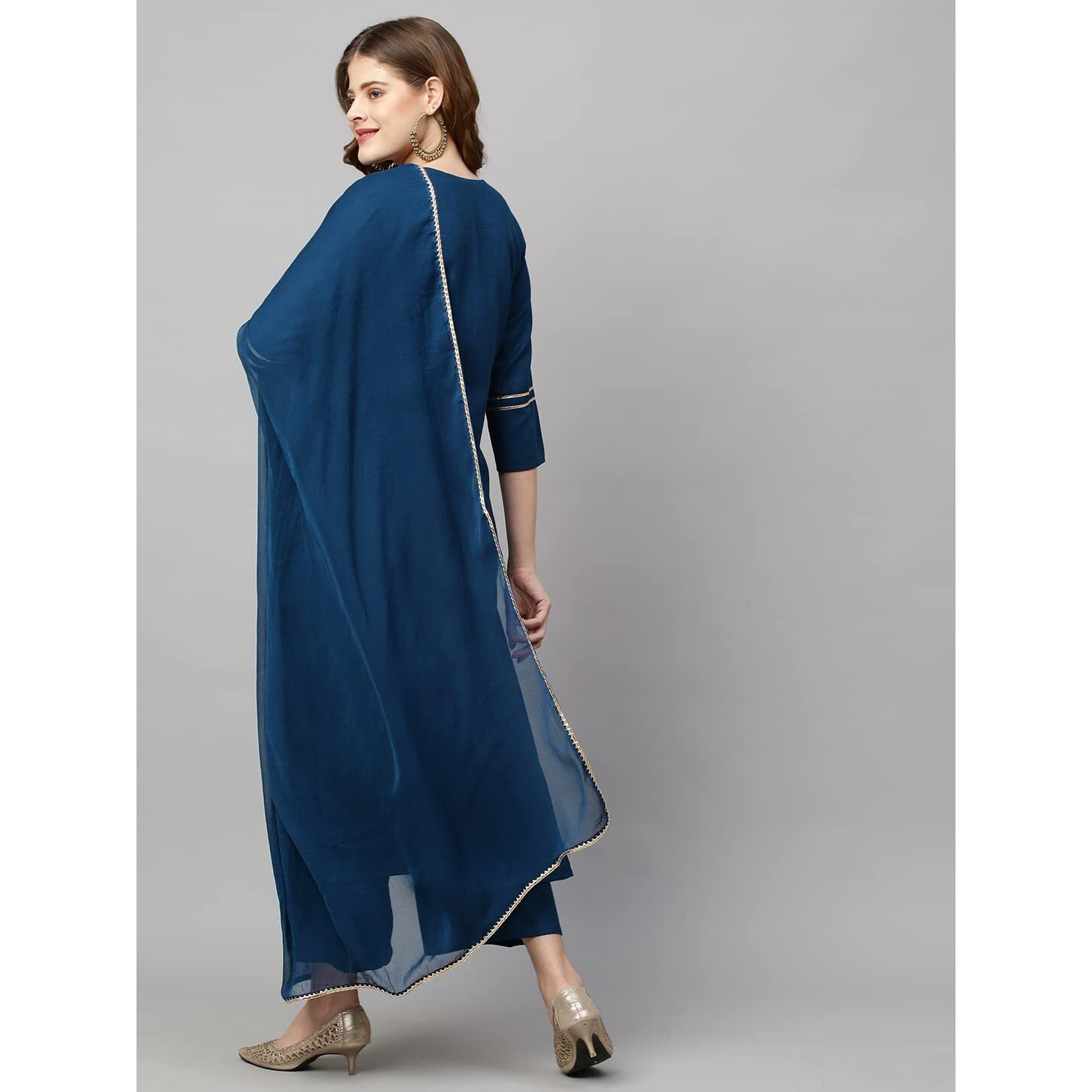 ANNI DESIGNER Women's Cotton Blend Straight Embroidered Kurta with Pant & Dupatta (Mahuni) Blue