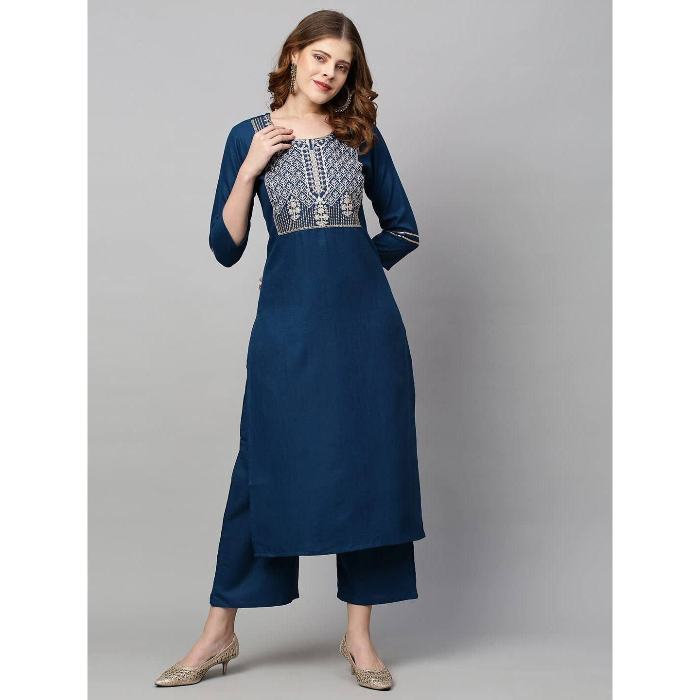 ANNI DESIGNER Women's Cotton Blend Straight Embroidered Kurta with Pant & Dupatta (Mahuni) Blue