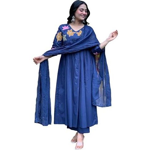 ANNI DESIGNER Women's Rayon Viscose Anarkali Printed Kurta with Pant & Dupatta (JISMA Blue_M_Blue_Medium)
