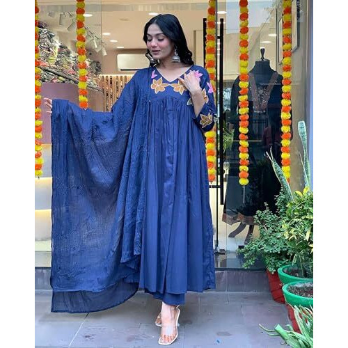 ANNI DESIGNER Women's Rayon Viscose Anarkali Printed Kurta with Pant & Dupatta (JISMA Blue_M_Blue_Medium)