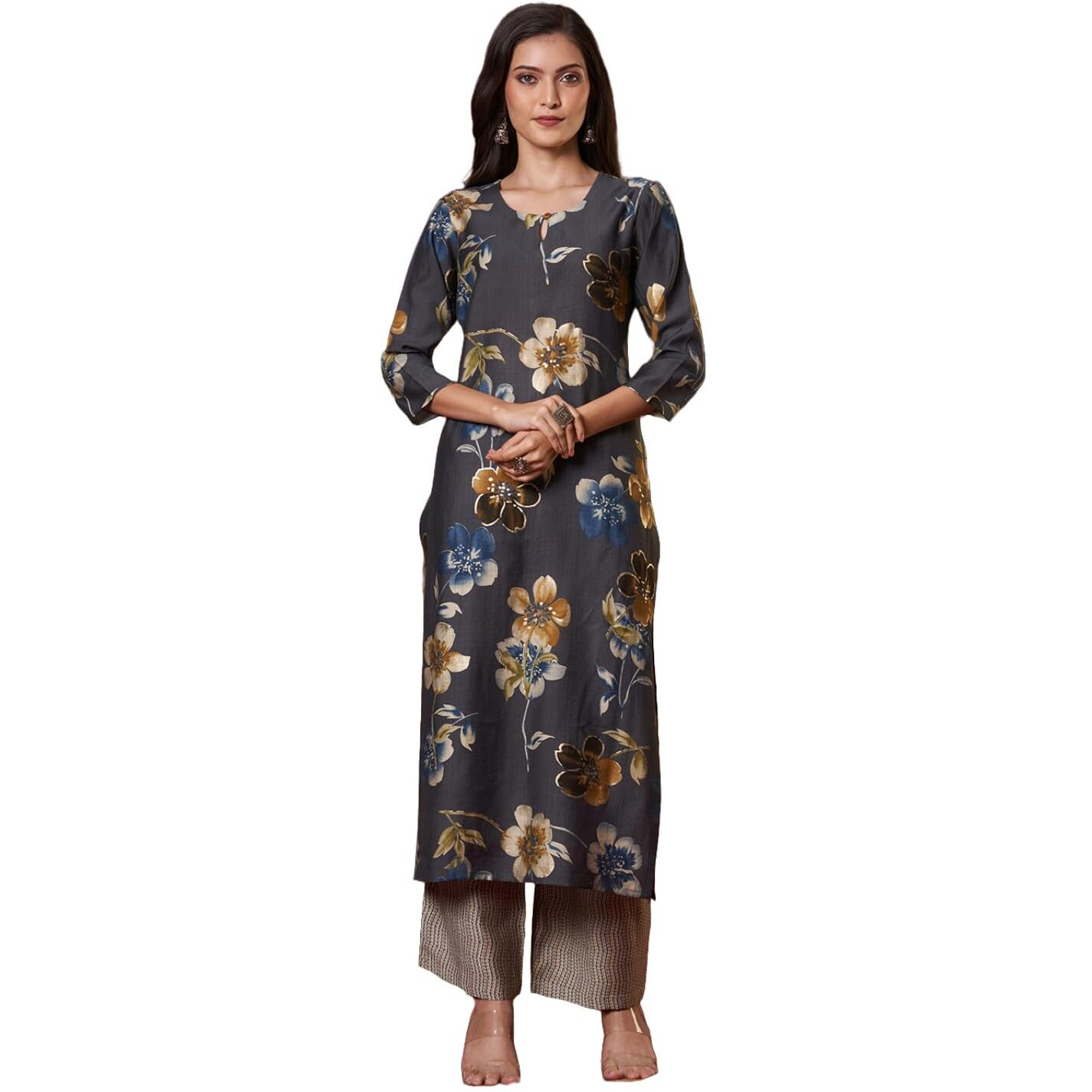 ANNI DESIGNER Women's Rayon Blend Straight Printed Kurta with Pant (KEJRI Grey_XXL_Grey_XX-Large)