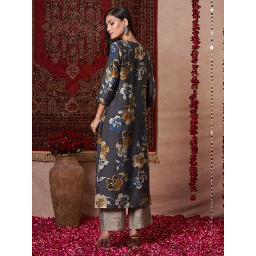 ANNI DESIGNER Women's Rayon Blend Straight Printed Kurta with Pant (KEJRI Grey_XXL_Grey_XX-Large)