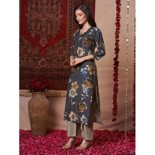 ANNI DESIGNER Women's Rayon Blend Straight Printed Kurta with Pant (KEJRI Grey_XXL_Grey_XX-Large)