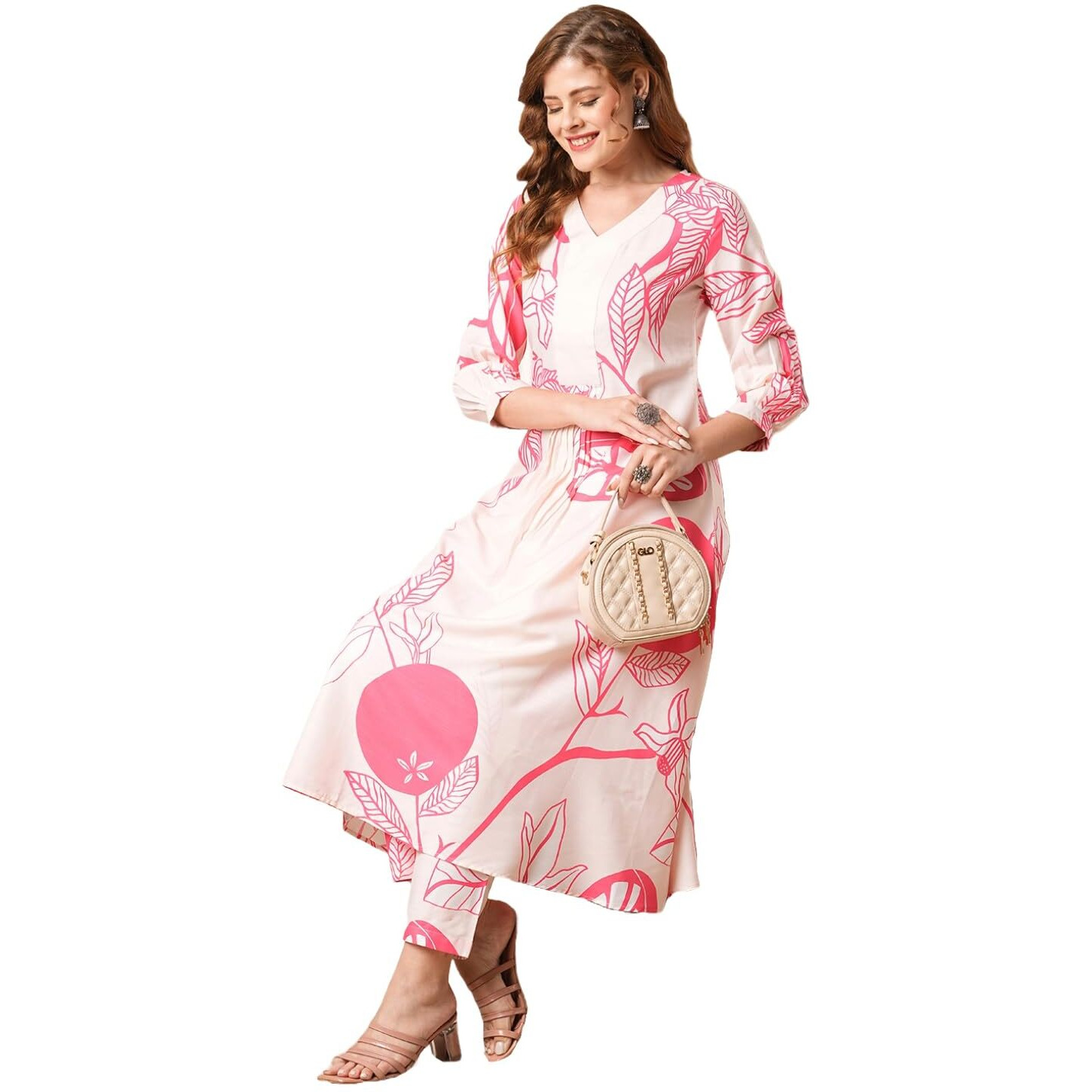 ANNI DESIGNER Women's Cotton Blend Anarkali Printed Kurta with Pant (Santra Pink-VKS-01_L_Pink_Large)