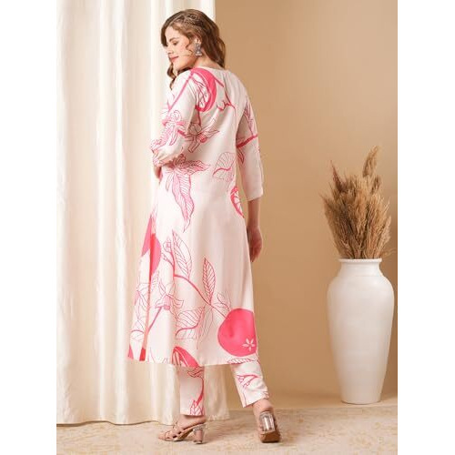 ANNI DESIGNER Women's Cotton Blend Anarkali Printed Kurta with Pant (Santra Pink-VKS-01_L_Pink_Large)