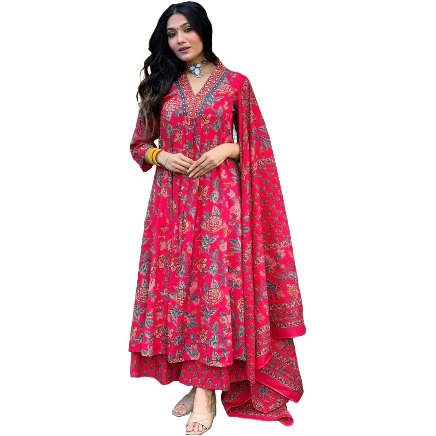 ANNI DESIGNER Women's Rayon Viscose Anarkali Printed Kurta with Palazzo & Dupatta (CIA Pink_M_Pink_Medium)