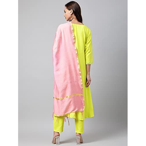ANNI DESIGNER Women's Cotton Blend Kurta with Palazzo & Dupatta (Darwaja_Green_X-Large)