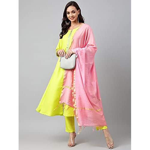 ANNI DESIGNER Women's Cotton Blend Kurta with Palazzo & Dupatta (Darwaja_Green_X-Large)