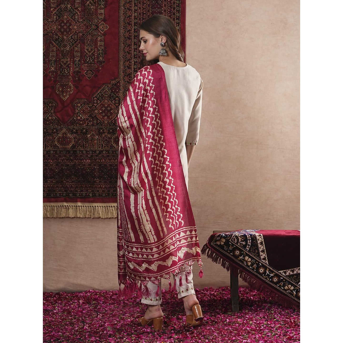 ANNI DESIGNER Women's Cotton Blend Straight Embroidered Kurta with Pant & Dupatta (DD BEIGE-VKS07_L_Beige_Large)