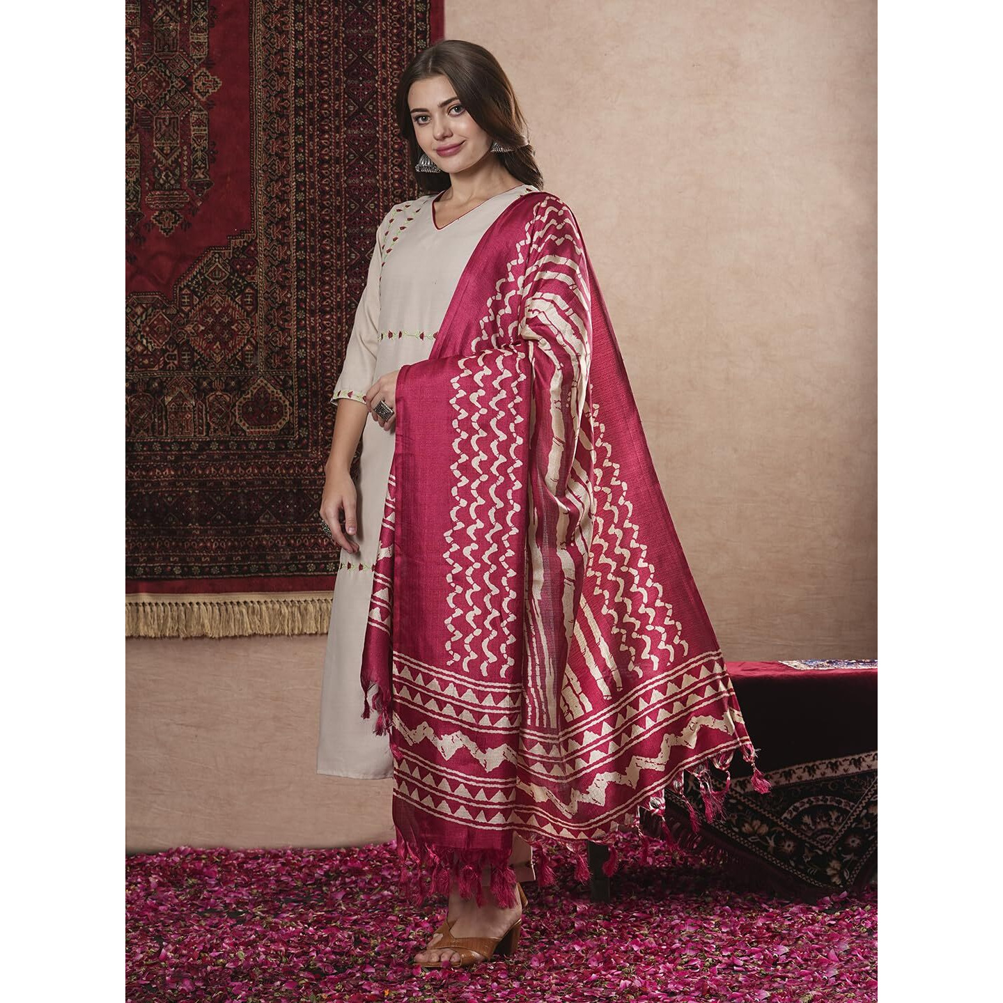 ANNI DESIGNER Women's Cotton Blend Straight Embroidered Kurta with Pant & Dupatta (DD BEIGE-VKS07_L_Beige_Large)