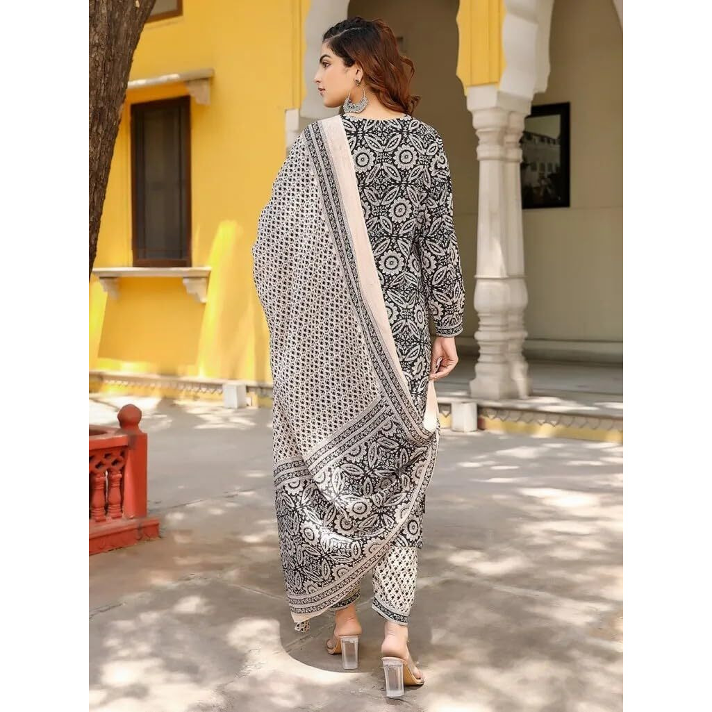 ANNI DESIGNER Women's Cotton Blend Straight Printed Kurta with Pant & Dupatta (Nihira Cream-N3W_L_Black_Large)