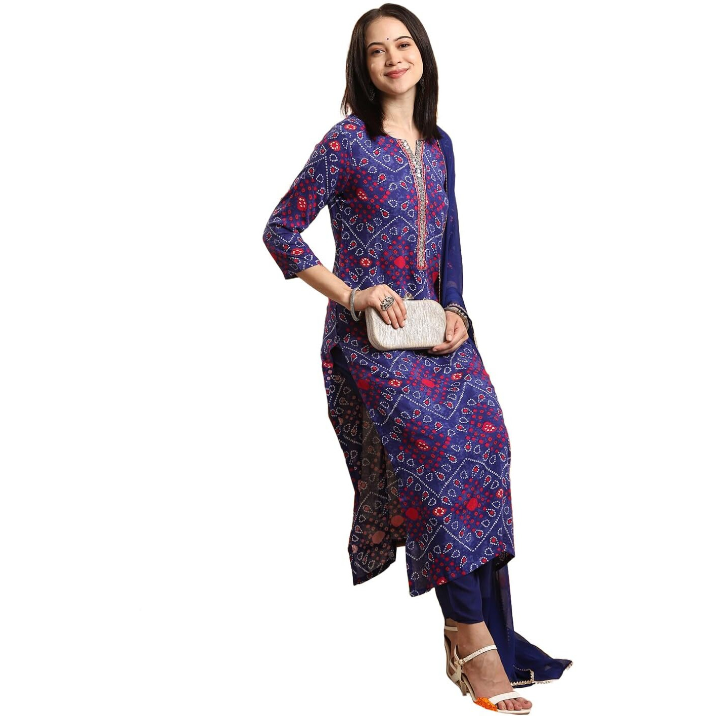 ANNI DESIGNER Women's Rayon Blend Straight Bandhej Printed Kurta with Pant & Dupatta (TURAE Royal BLUE-VKS04_XL_Blue_X-Large)