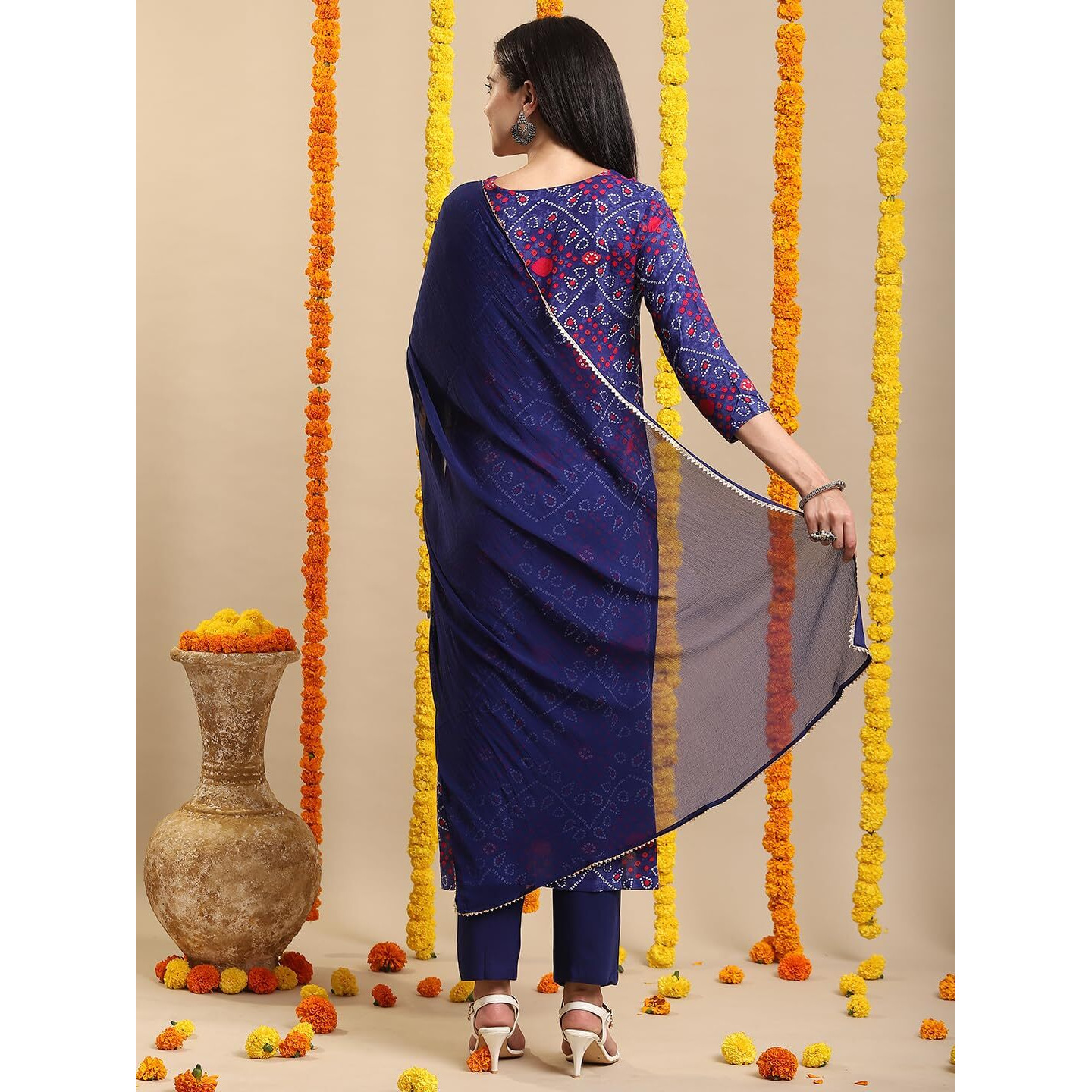 ANNI DESIGNER Women's Rayon Blend Straight Bandhej Printed Kurta with Pant & Dupatta (TURAE Royal BLUE-VKS04_XL_Blue_X-Large)