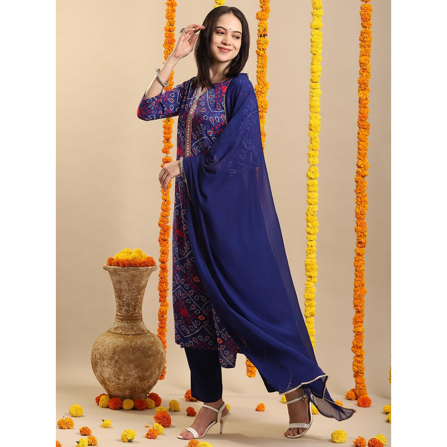 ANNI DESIGNER Women's Rayon Blend Straight Bandhej Printed Kurta with Pant & Dupatta (TURAE Royal BLUE-VKS04_XL_Blue_X-Large)