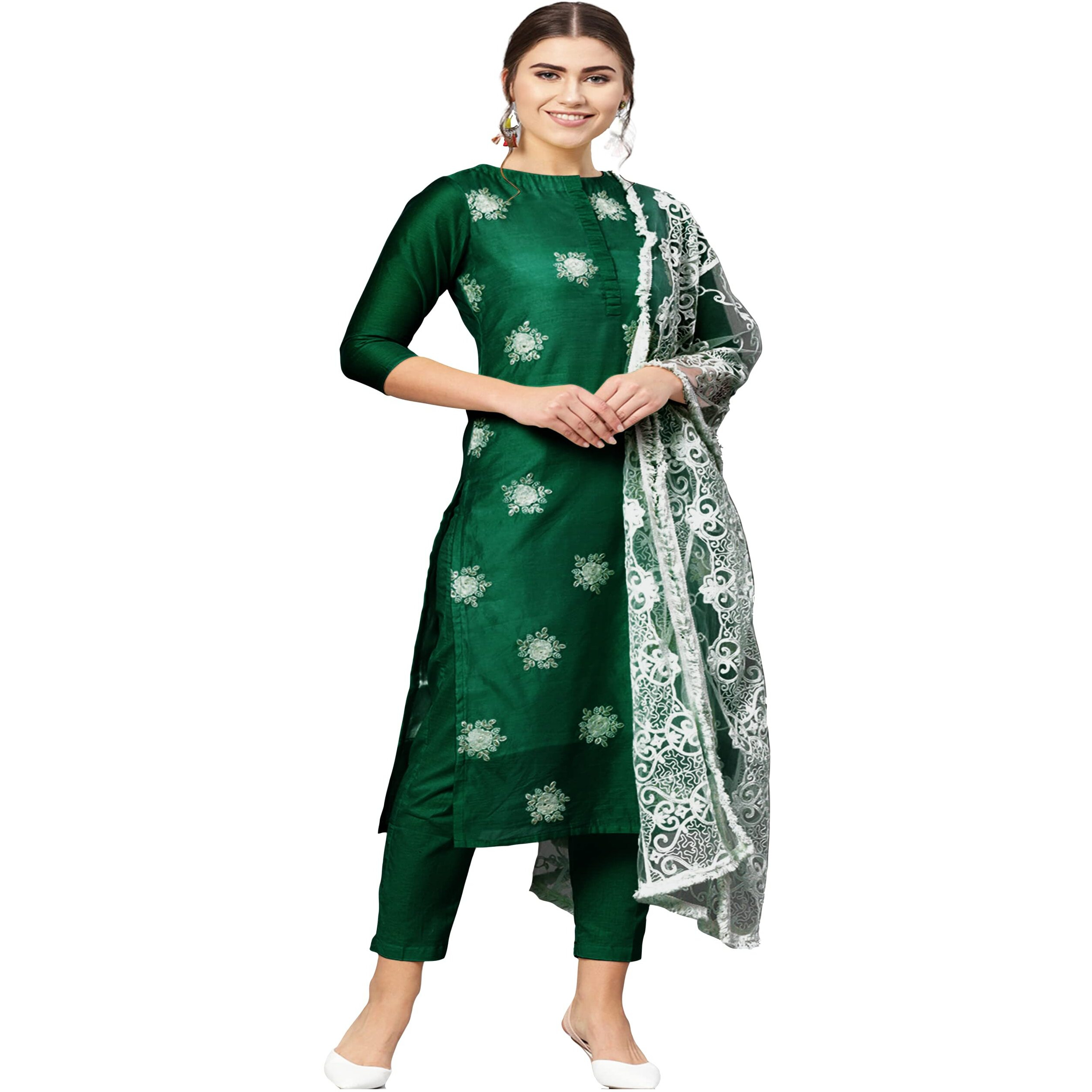 ANNI DESIGNER Women's Ruby Cotton Straight Embroidery Kurti with Pant & Dupatta Set (White-Show Green_M Green_Medium)