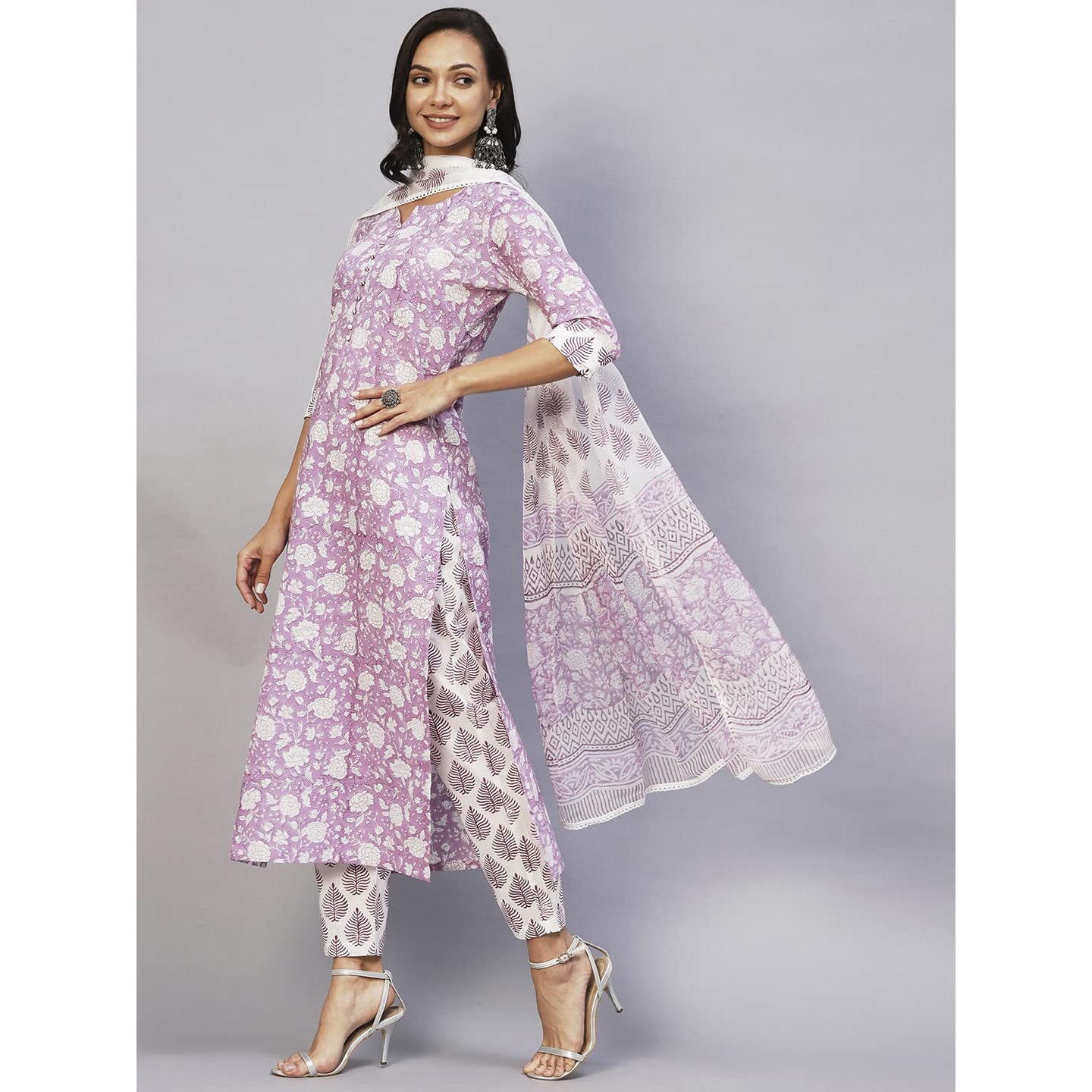 ANNI DESIGNER Women's Cotton Blend Straight Printed Kurta with Pant & Dupatta (Ratnapriya Purple-CMD_XL_Purple_X-Large)