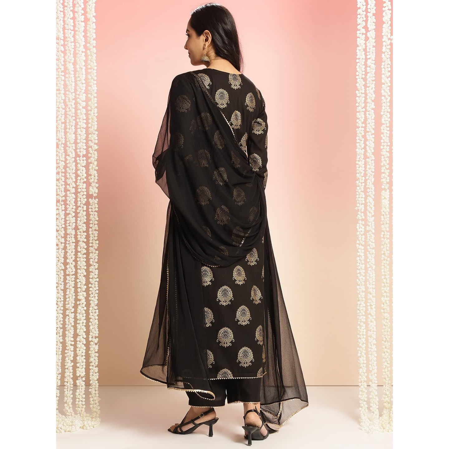 ANNI DESIGNER Women's Rayon Blend Printed Straight Kurta with Pant & Dupatta (Jubal Black_S_Black_Small)