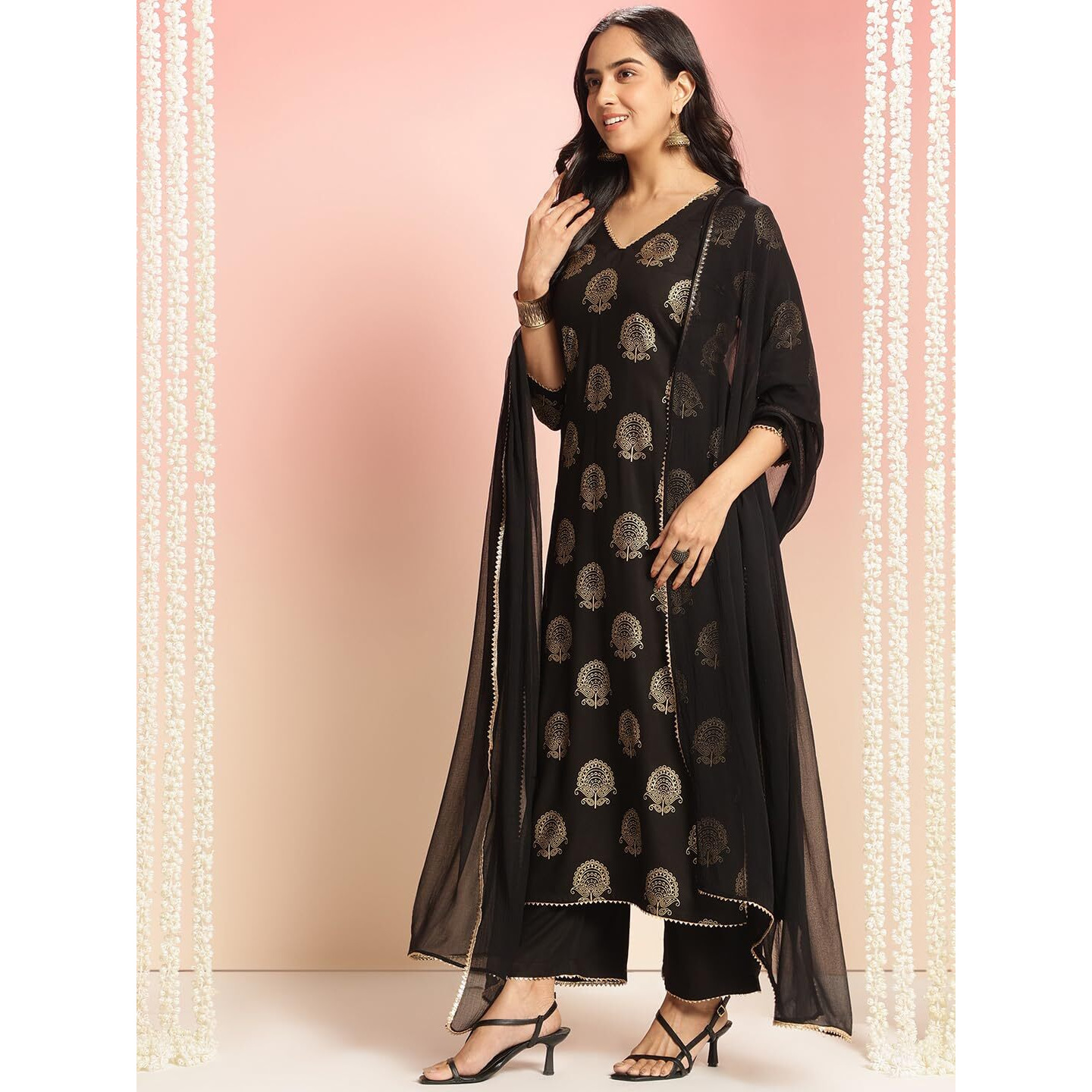 ANNI DESIGNER Women's Rayon Blend Printed Straight Kurta with Pant & Dupatta (Jubal Black_S_Black_Small)