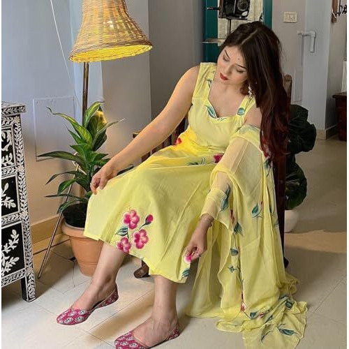 ANNI DESIGNER Women's Rayon Viscose Straight Printed Kurta with Pant & Dupatta (REHNUMA Yellow_S_Yellow_Small)