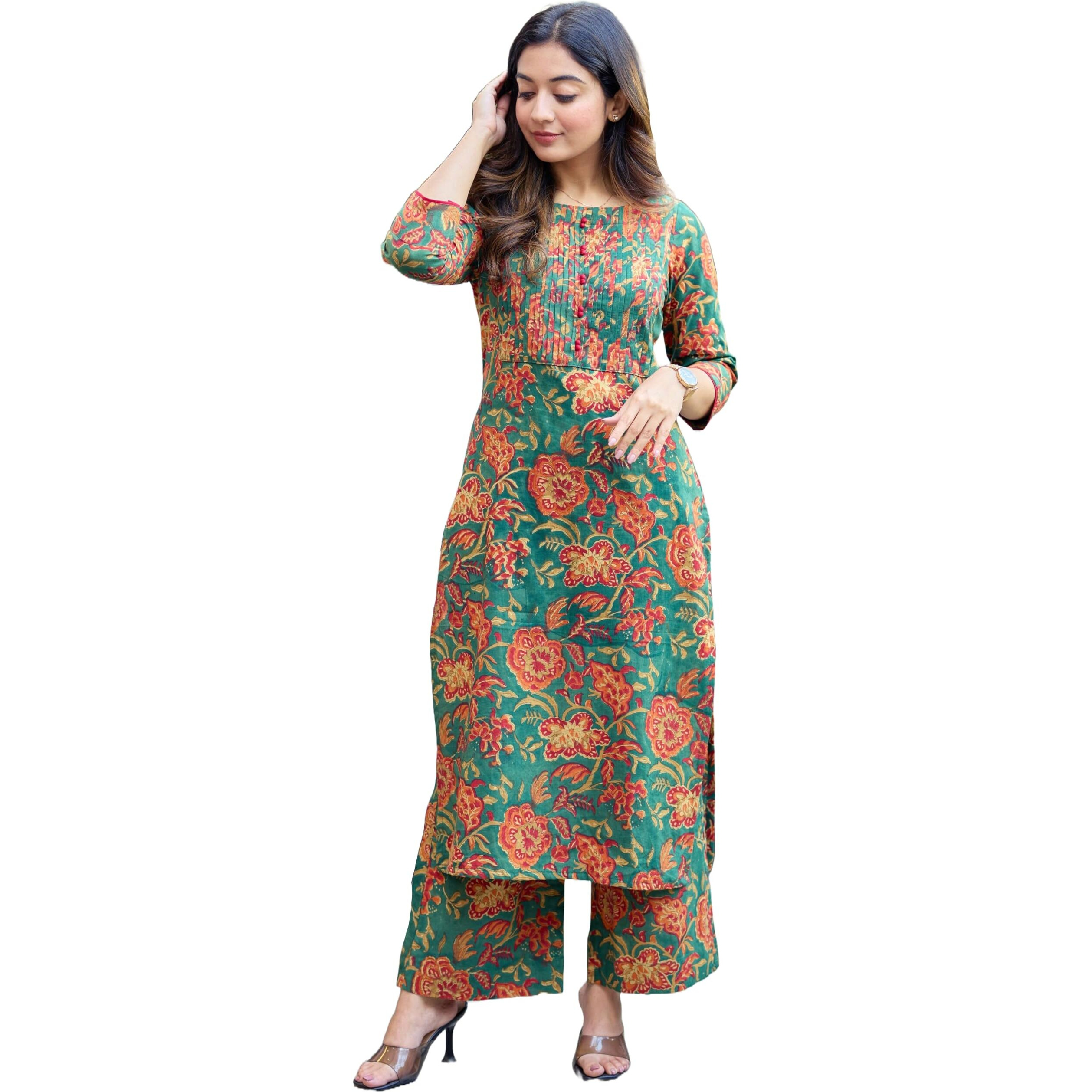 ANNI DESIGNER Women's Rayon Viscose Straight Printed Kurta with Pant (KISMAT Green_L_Green_Large)