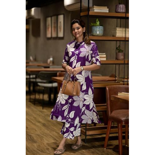 ANNI DESIGNER Women's Rayon Viscose Straight Printed Kurta with Pant (Sunoni Purple-VKS01_L_Purple_Large)