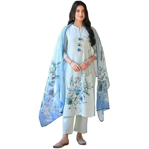 ANNI DESIGNER Women's Cotton Blend Printed Straight Kurta with Pant & Dupatta (Durjan Blue-NW_S_Blue_Small)