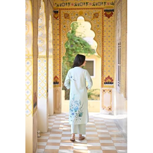 ANNI DESIGNER Women's Cotton Blend Printed Straight Kurta with Pant & Dupatta (Durjan Blue-NW_S_Blue_Small)