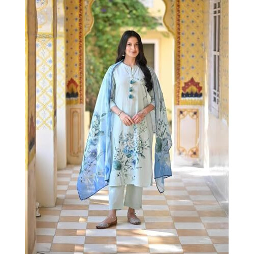 ANNI DESIGNER Women's Cotton Blend Printed Straight Kurta with Pant & Dupatta (Durjan Blue-NW_S_Blue_Small)