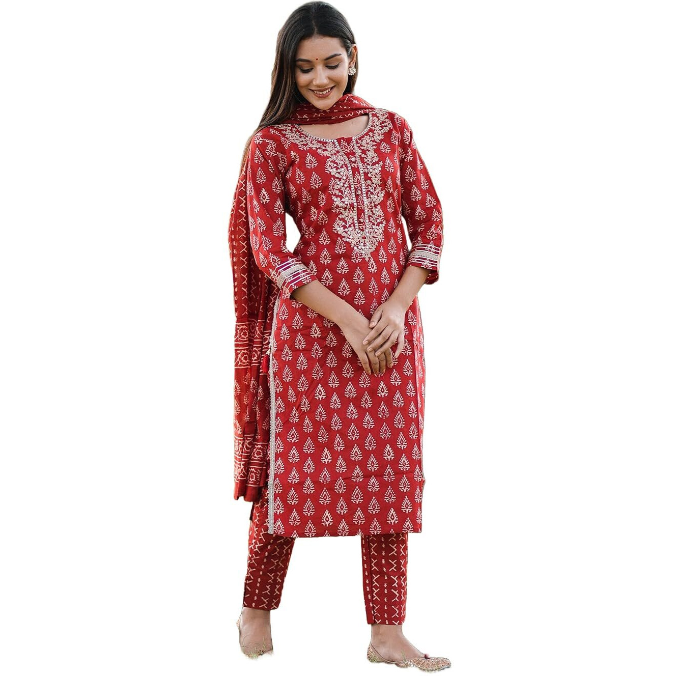 ANNI DESIGNER Women's Rayon Blend Straight Printed Kurta with Pant & Dupatta (MAASA RED_M_Red_Medium)