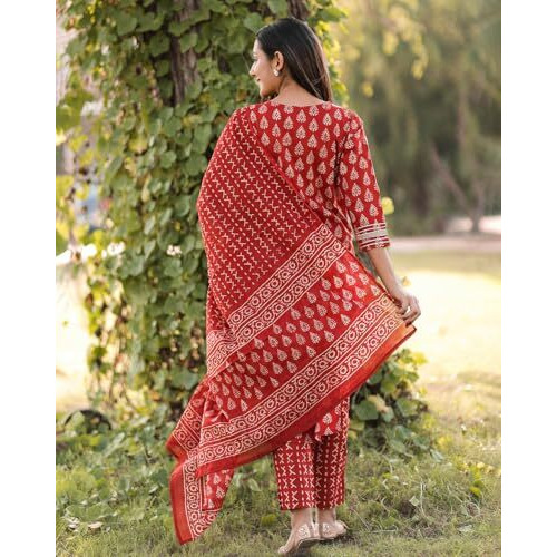ANNI DESIGNER Women's Rayon Blend Straight Printed Kurta with Pant & Dupatta (MAASA RED_M_Red_Medium)