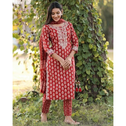 ANNI DESIGNER Women's Rayon Blend Straight Printed Kurta with Pant & Dupatta (MAASA RED_M_Red_Medium)