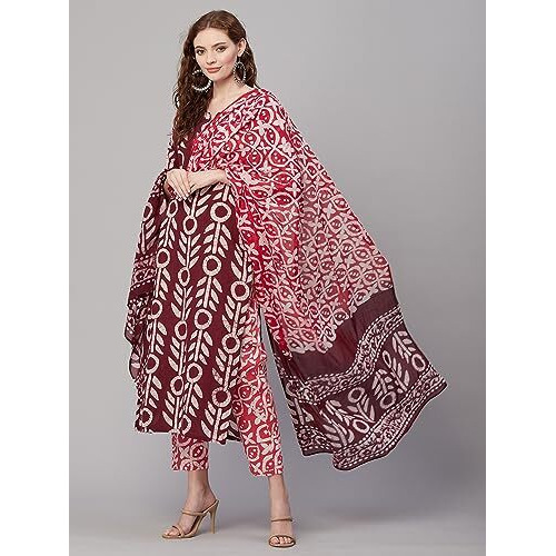 ANNI DESIGNER Women's Cotton Blend Straight Printed Kurta with Pant & Dupatta (Nalika Magenta-KBV_XL_Magenta_X-Large)