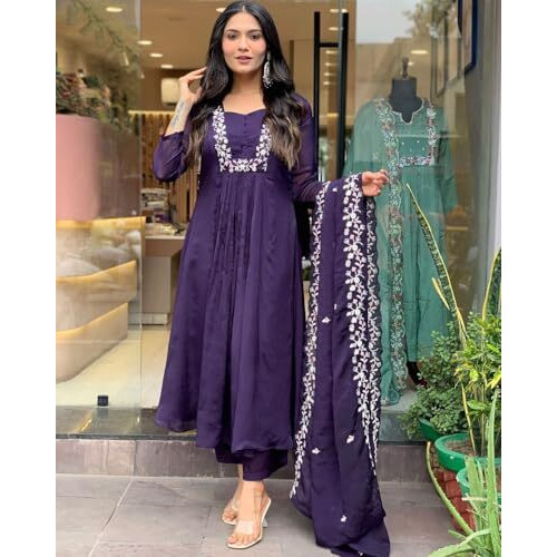 ANNI DESIGNER Women's Rayon Blend A-Line Printed Kurta with Pant & Dupatta (VANISRI BEGANI_L_Begani_Large)