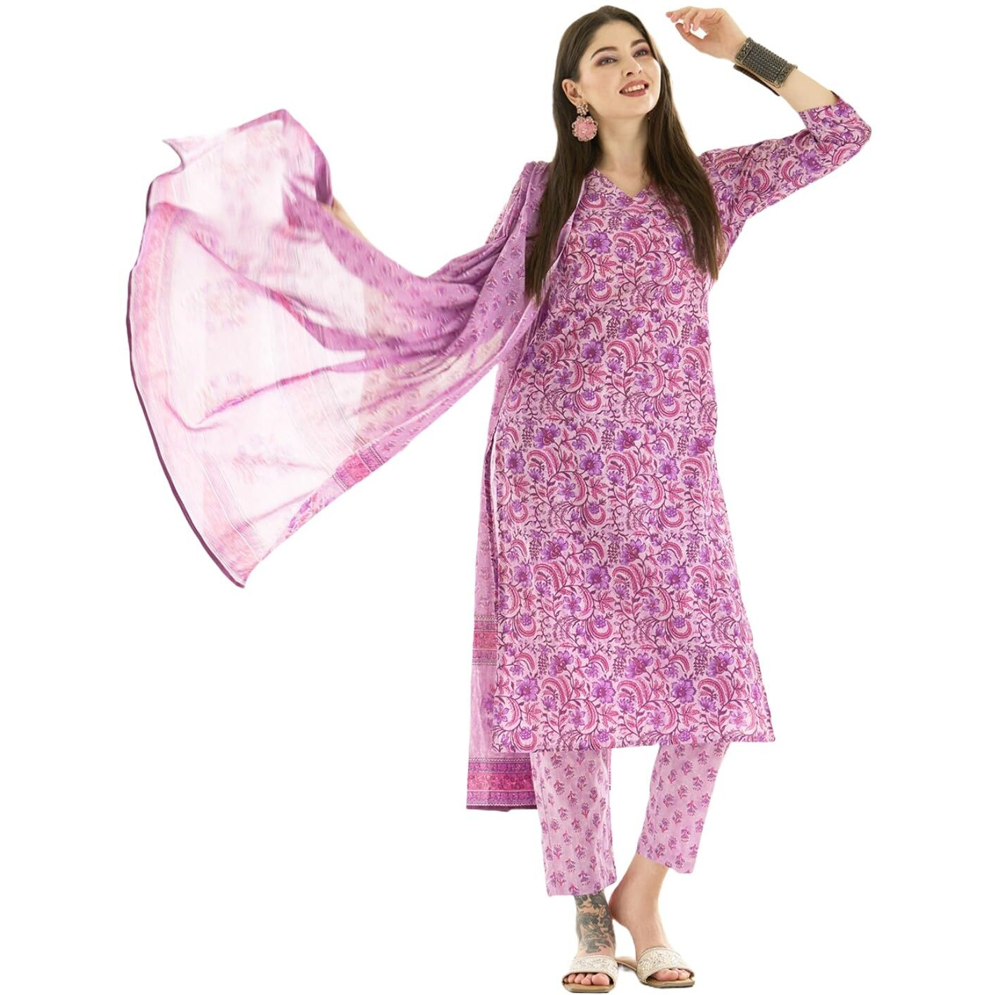 ANNI DESIGNER Women's Cotton Blend Straight Printed Kurta with Pant Set (Sawai-Purple_S_Purple_Small)