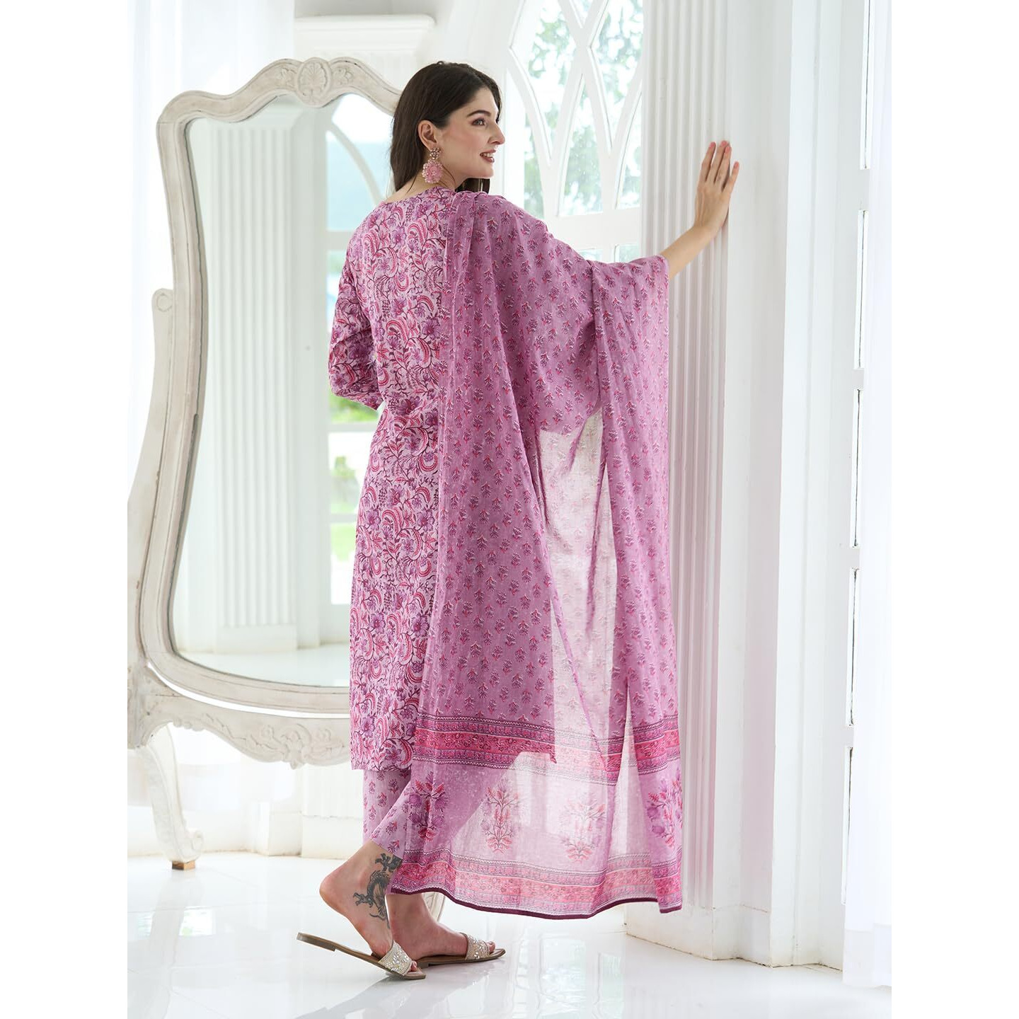 ANNI DESIGNER Women's Cotton Blend Straight Printed Kurta with Pant Set (Sawai-Purple_S_Purple_Small)