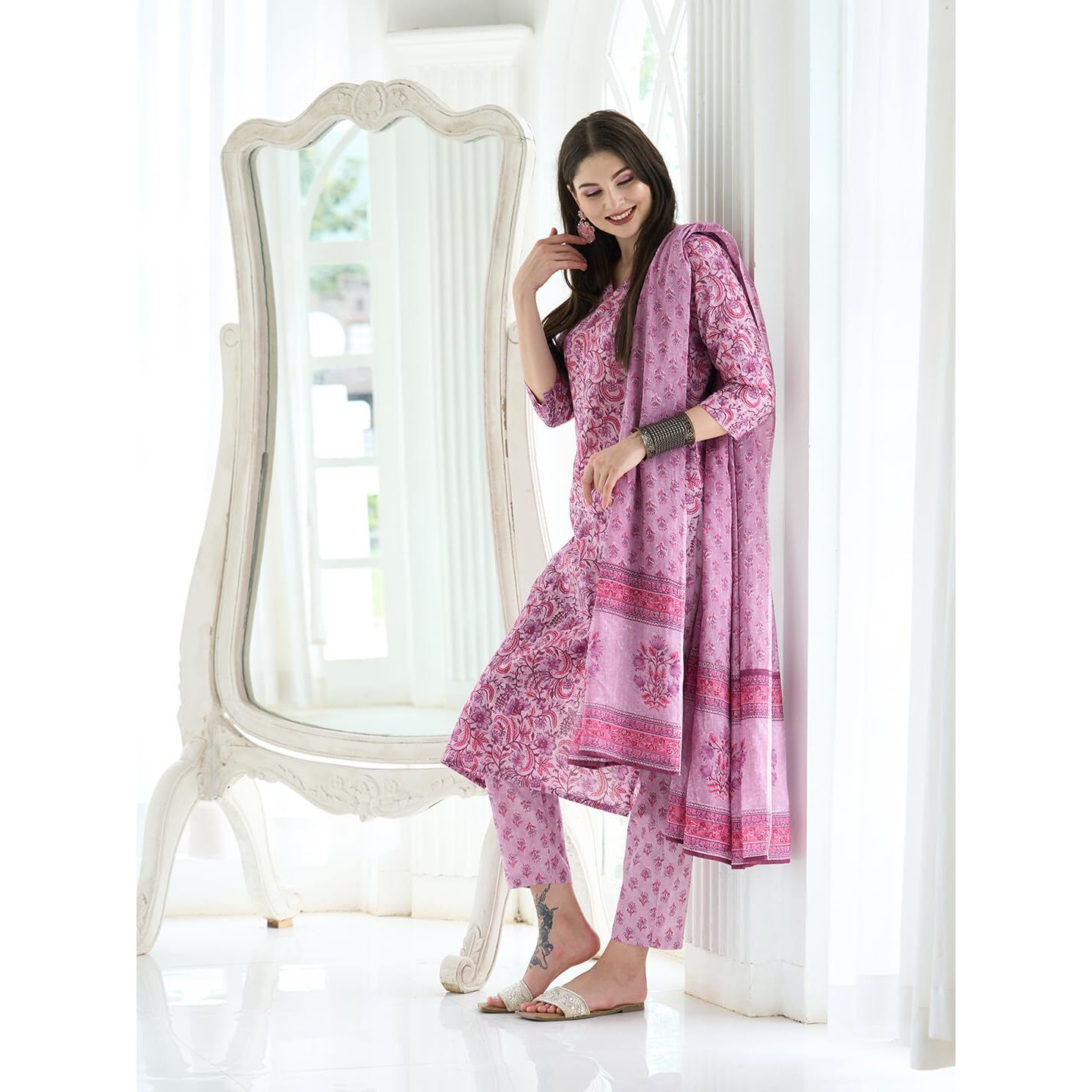 ANNI DESIGNER Women's Cotton Blend Straight Printed Kurta with Pant Set (Sawai-Purple_S_Purple_Small)