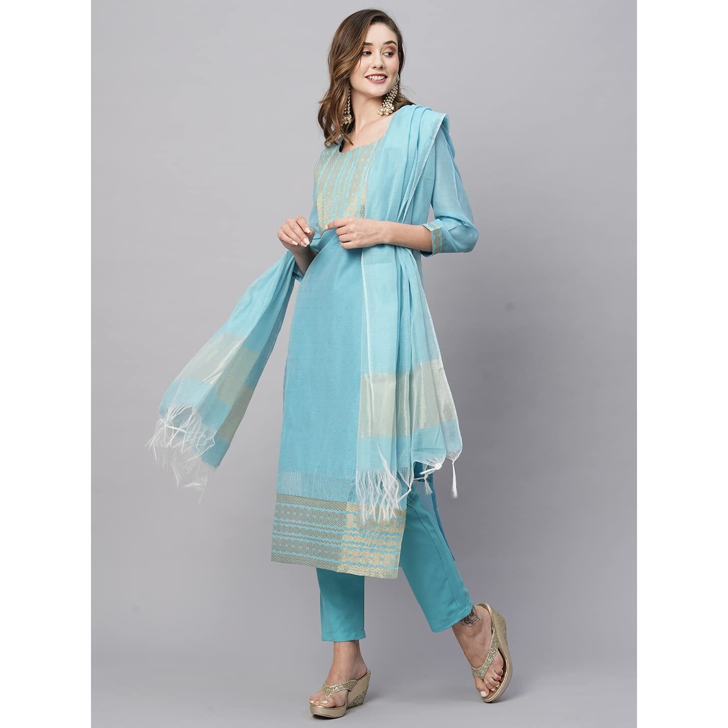 ANNI DESIGNER Women's Cotton Blend Straight Solid Kurta with Pant & Dupatta (Lahar-FIROZI_M_Sky Blue_Medium)