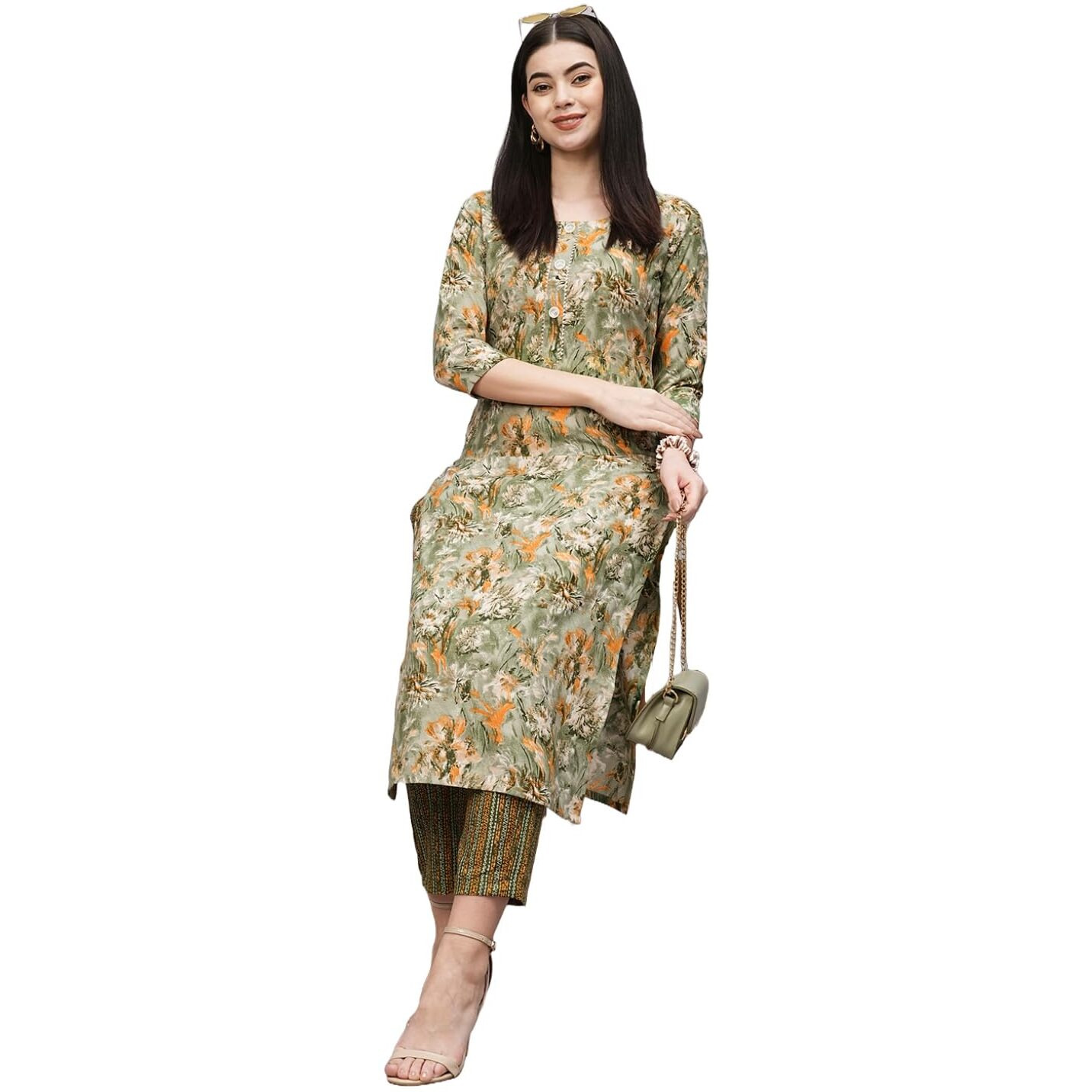 ANNI DESIGNER Women's Cotton Blend Straight Printed Kurta with Pant (Seep Green-NW_S_Green_Small)