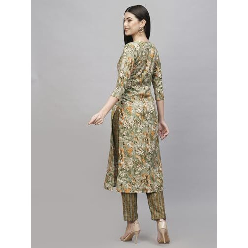 ANNI DESIGNER Women's Cotton Blend Straight Printed Kurta with Pant (Seep Green-NW_S_Green_Small)
