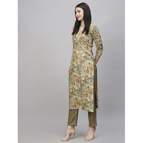 ANNI DESIGNER Women's Cotton Blend Straight Printed Kurta with Pant (Seep Green-NW_S_Green_Small)