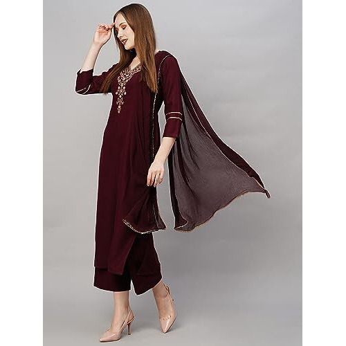 ANNI DESIGNER Women's Cotton Blend Straight Embroidered Kurta with Pant & Dupatta (Dacia Maroon_M_Maroon_Medium)