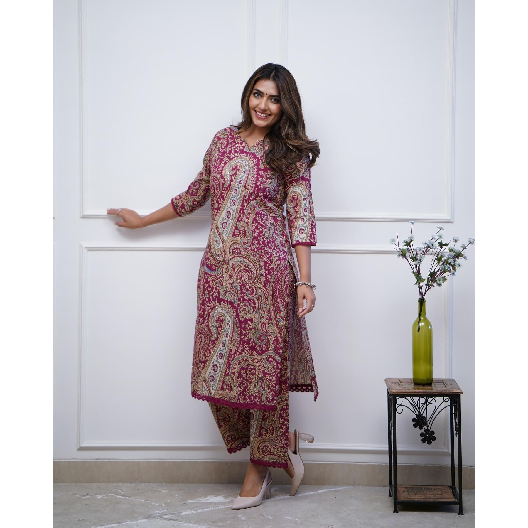 ANNI DESIGNER Women's Rayon Viscose Straight Printed Kurta with Palazzo (Elevate Rani_XXL_Pink_XX-Large)