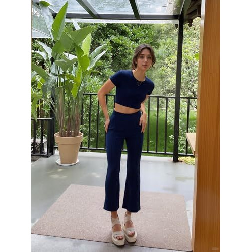 ANNI DESIGNER Women's Rayon Viscose Solid Top & Flared Trousers Set (SUMAIRA Blue_S_Blue_Small)