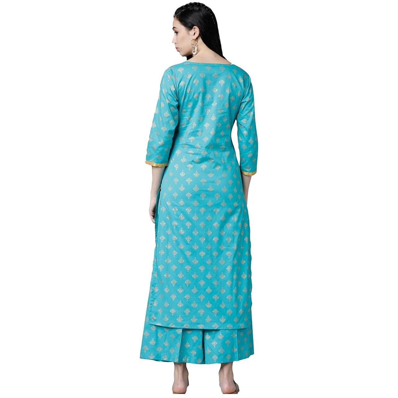 ANNI DESIGNER Women's Cotton Foil Printed Straight Kurta with Palazzo (New-Turquoise_XL_Cotton_X-Large)