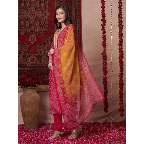 ANNI DESIGNER Women's Rayon Viscose Printed Straight Kurta with Pant & Dupatta (Subhi PINK-VKS04_L_Pink_Large)