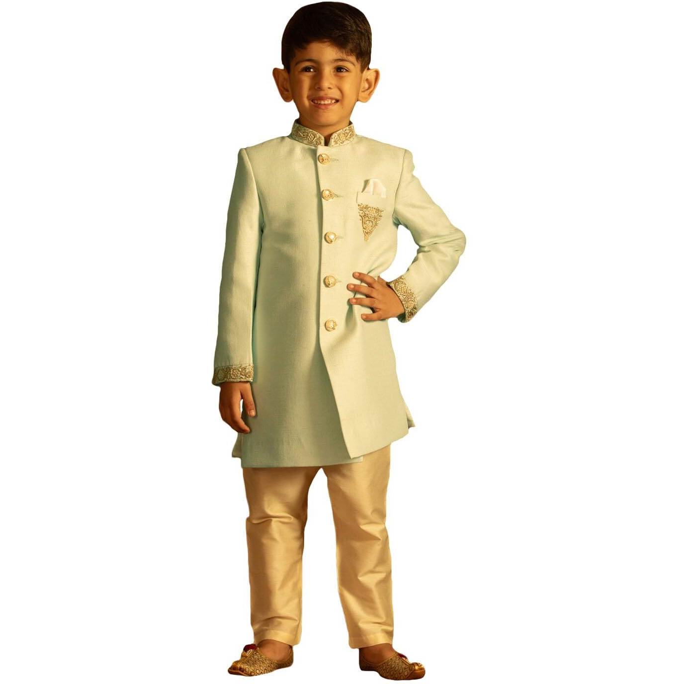 VASTRAMAY Boys' Aqua And Cream Sherwani Set_VASBIW035AQnVPCR_36
