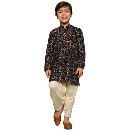 VASTRAMAY Boys' Gold Foil Printed Patola Kurta with Viscose Cowl Style Dhoti  Festive & Ethnic Wear