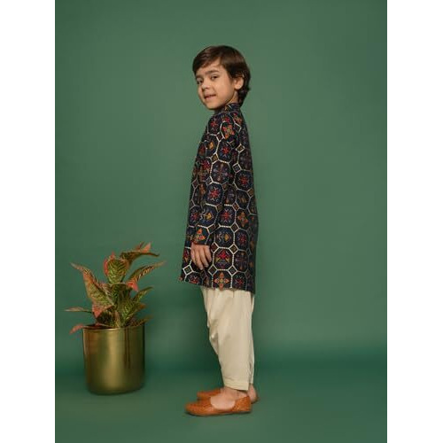 VASTRAMAY Boys' Gold Foil Printed Patola Kurta with Viscose Cowl Style Dhoti  Festive & Ethnic Wear